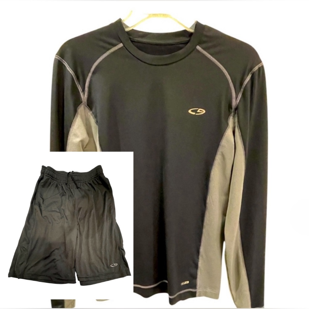 Champion Vintage Black Gray Long Sleeve Athletic Top and Shorts Set